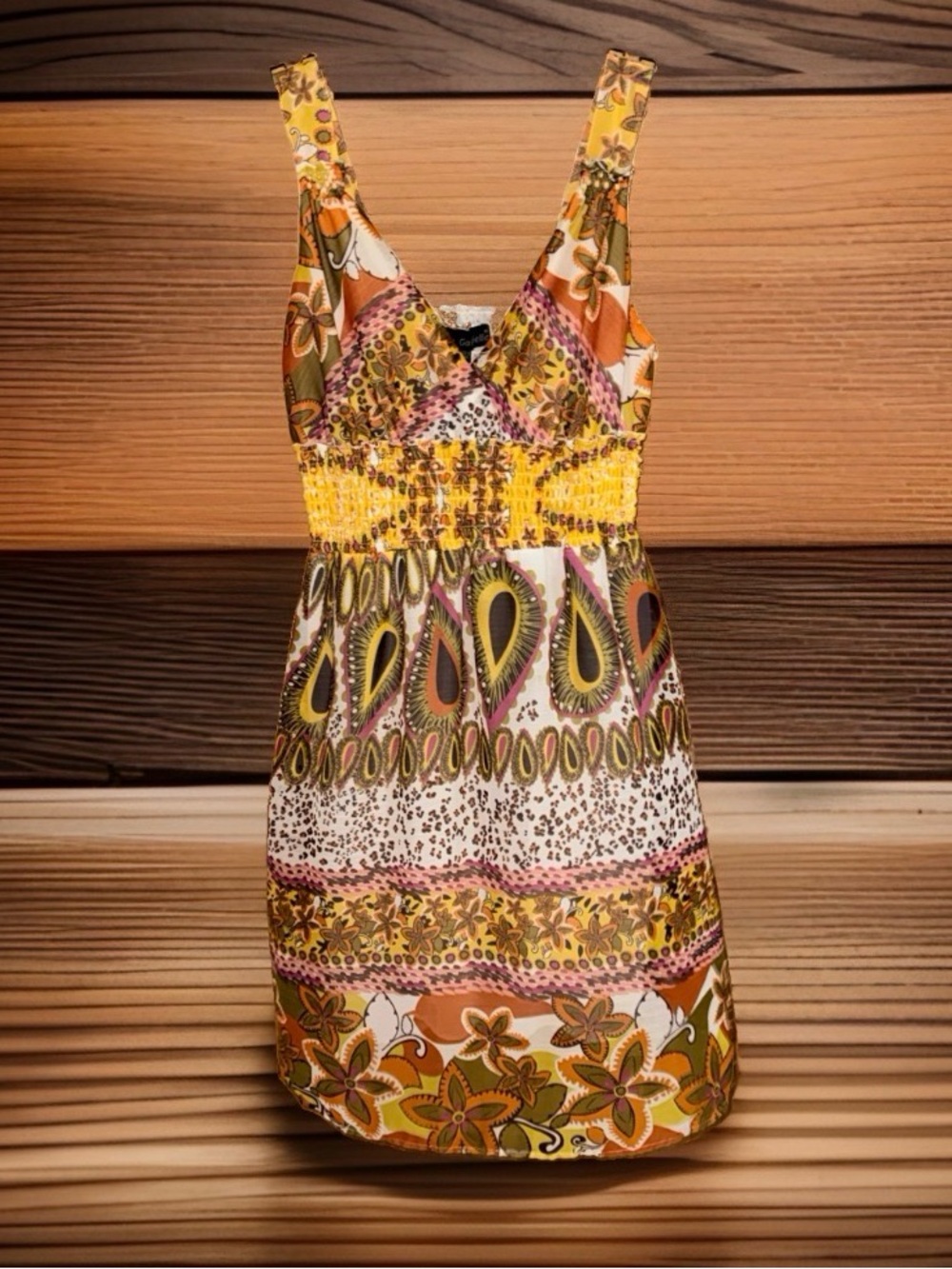 Mlle Gabrielle Yellow Multi-Pattern V-Neck Sundress w/Smocked Empire Waist-L-EC